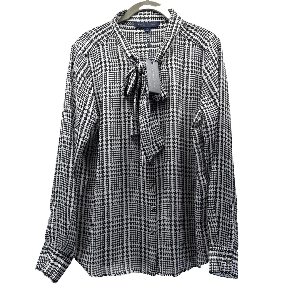 Tommy Hilfiger Women's Blouse Top Size Large Black White Houndstooth Long Sleeve